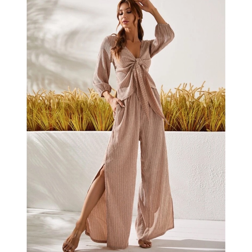 Luukse for Shein Striped Tie Front Set with Split Side Pants in Apricot Size S